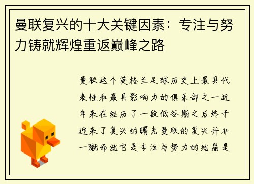曼联复兴的十大关键因素：专注与努力铸就辉煌重返巅峰之路